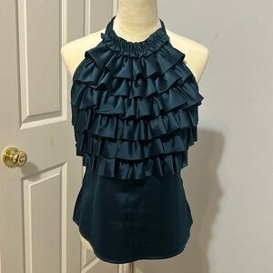 Beautiful dark teal silky ruffled high neck halter blouse